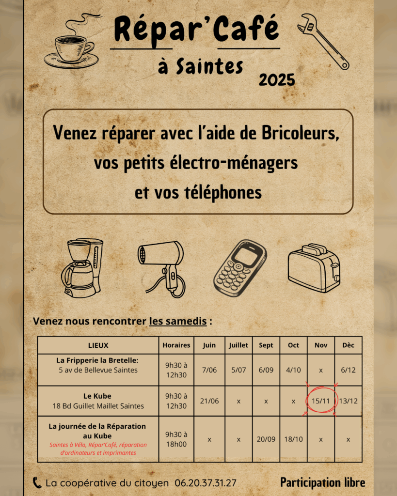 Affiche-Répar’Café à Saintes : Réparez vos objets au Kube le 13 décembre.